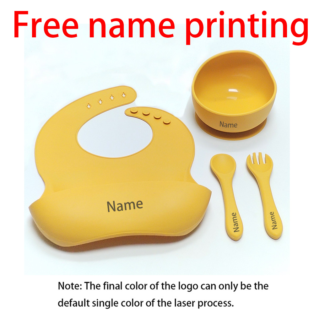 Silicone Baby Bibs - 無料名前印刷 子供用食事ボウル フォーク スプーン よだれかけ シリコーン素材