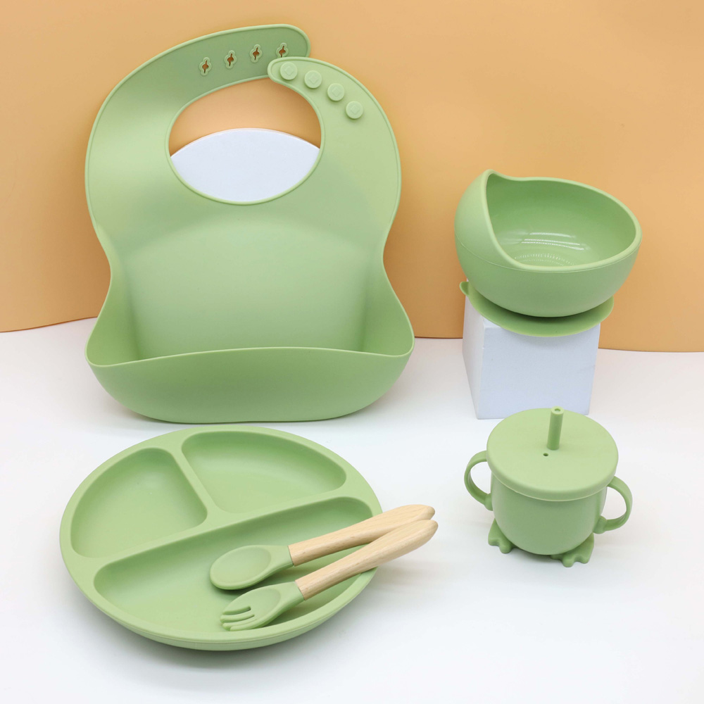Silicone Baby Bibs - ホット離乳食食器セットよだれかけボウルディナープレートウォーターカップ木製ハンドルスプーンフォーク6点セット